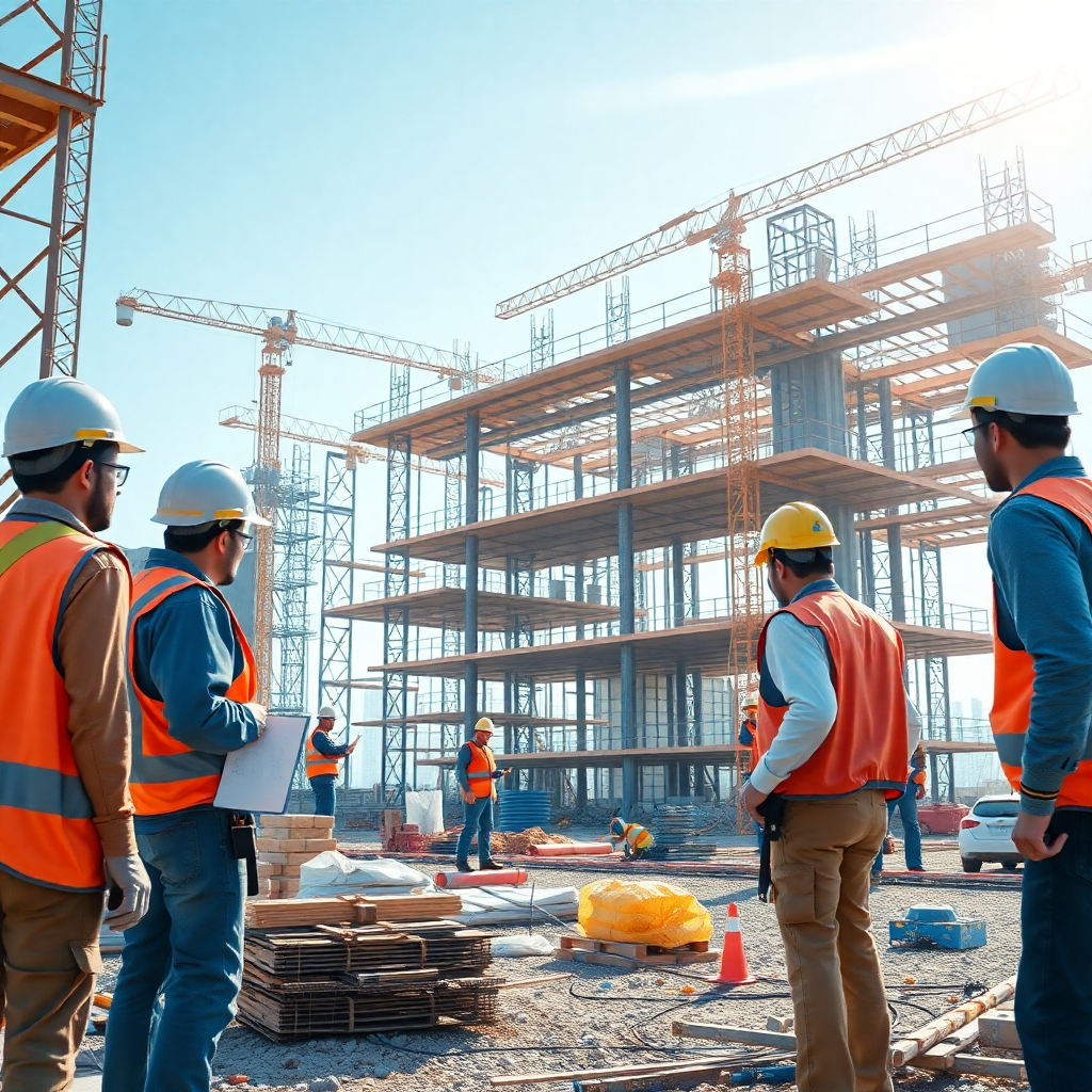 A photorealistic image depicting a construction site, with workers efficiently constructing a building, with architects and engineers overseeing the progress. The image should showcase advanced technology and modern construction methods. High resolution, bright daylight, sharp focus, showing team collaboration and progress.