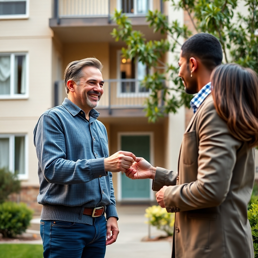 A photorealistic image depicting a clean, well-maintained apartment building with a happy tenant receiving a key from a friendly property manager. The background should suggest a vibrant, safe, and desirable neighborhood. The image should convey professionalism, efficiency, and reliable property management services.