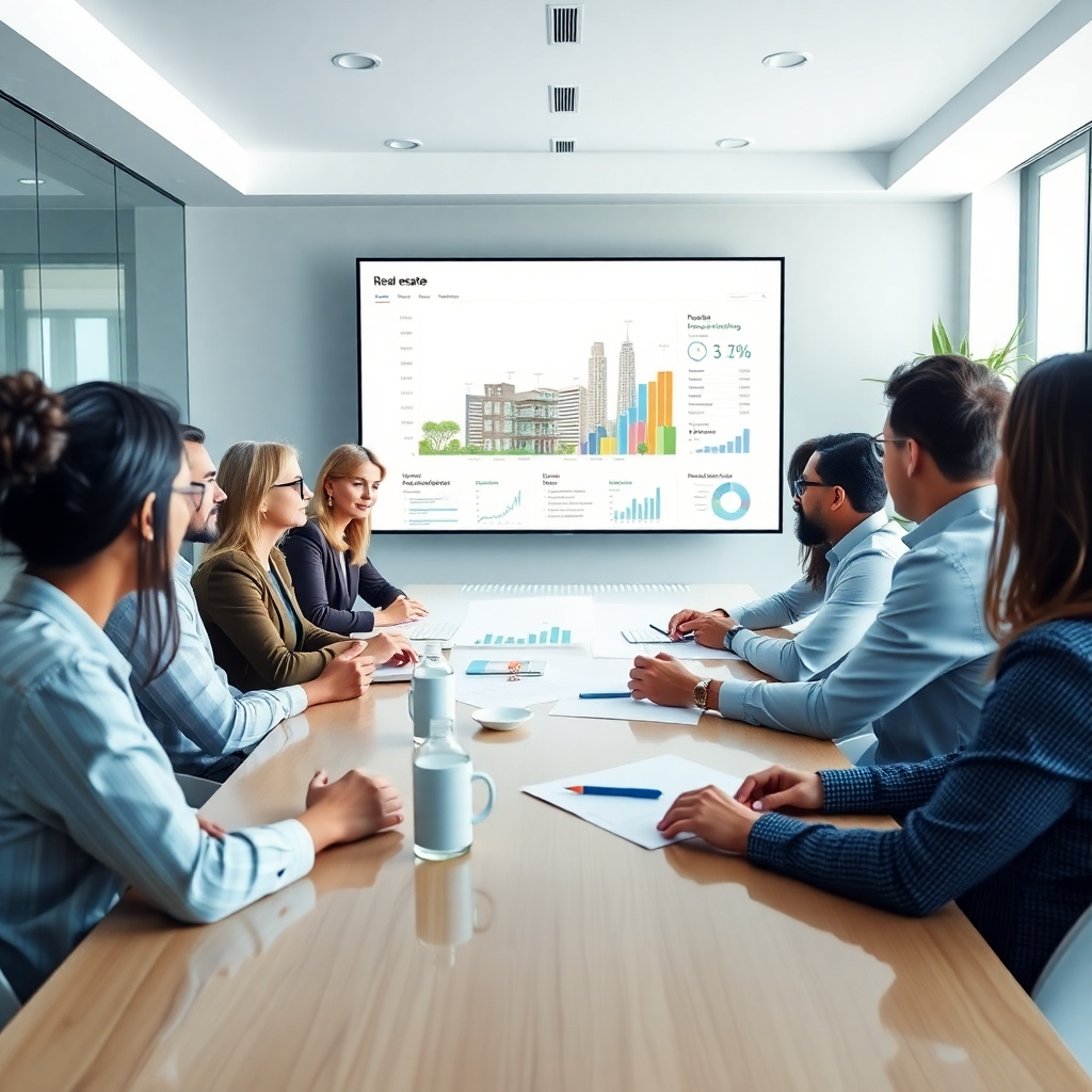 A photorealistic image of a diverse team of real estate consultants sitting around a large table in a modern office, actively discussing a real estate project displayed on a large screen, with graphs and charts visible. The scene should feel collaborative and professional, conveying trust and expertise. The lighting should be bright and natural, showcasing the team's positive energy.