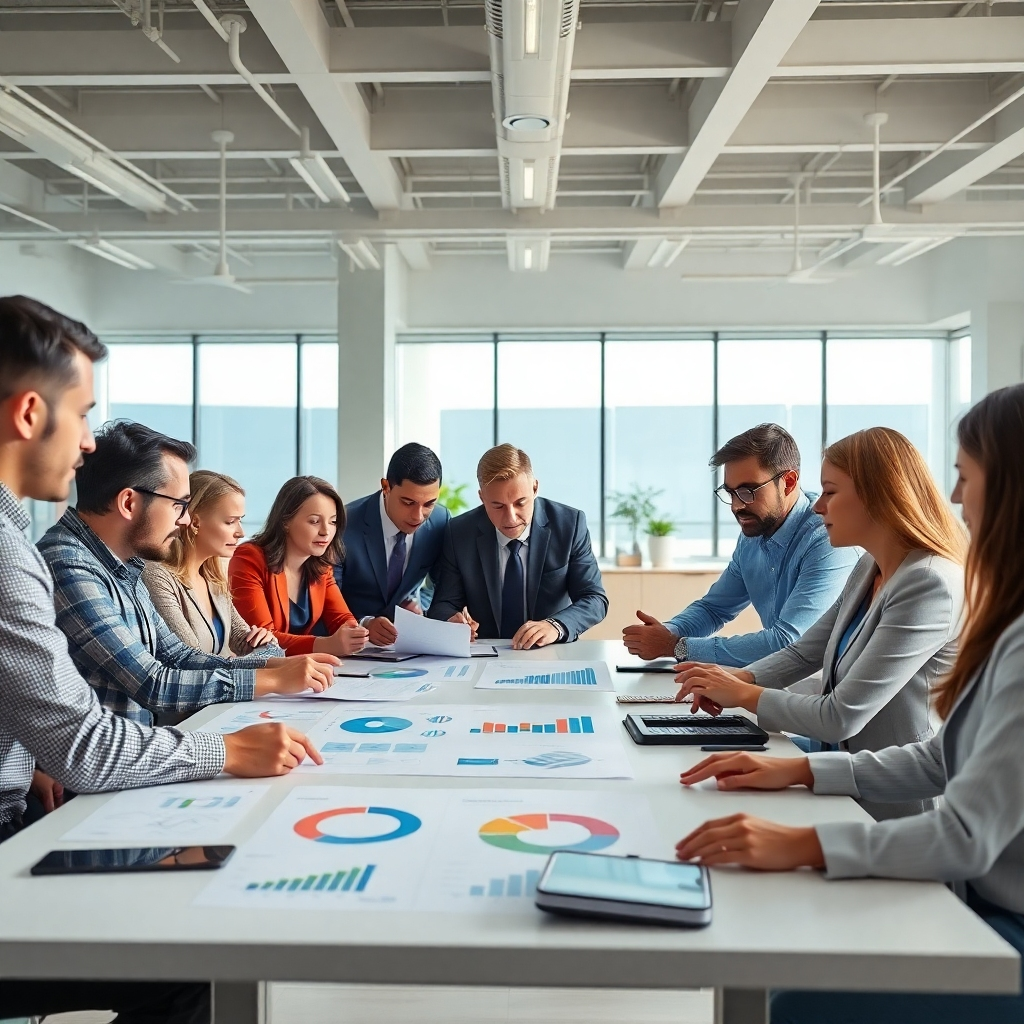 A photorealistic image of a diverse team of business consultants collaborating around a large table, examining charts and graphs, with a modern, bright office setting in the background. The image should convey a sense of teamwork, collaboration, and strategic planning. High resolution, professional lighting, sharp focus.