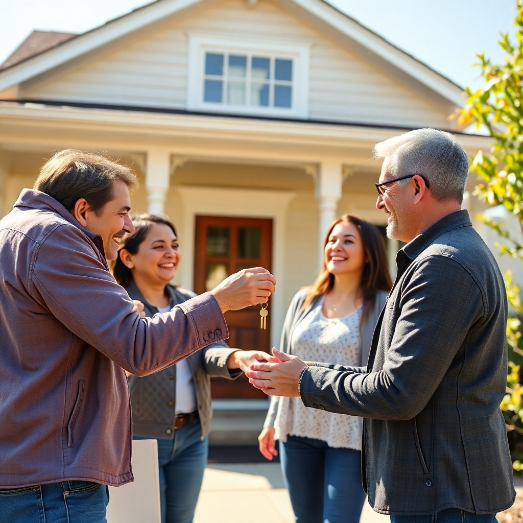 A photorealistic image of a happy family receiving keys to their new home from a friendly real estate agent. The scene should be outside a beautiful house in a sunny neighborhood; conveying a sense of success, happiness, and trust. High resolution, natural lighting, warm color palette.