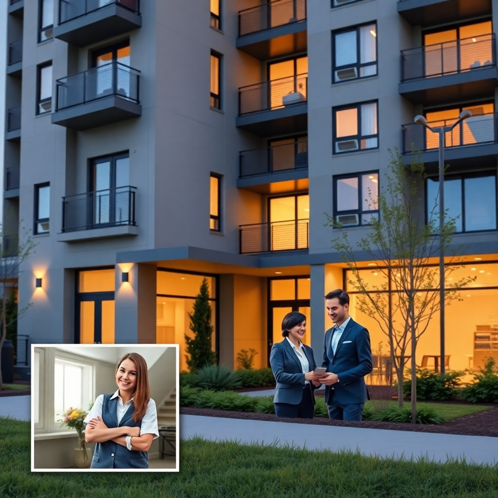 A photorealistic image of a sleek, modern apartment building exterior with well-maintained landscaping. Inset, a smaller image shows a happy tenant interacting with a professional property manager. Focus on conveying efficiency, security and peace of mind. High resolution, warm and inviting lighting