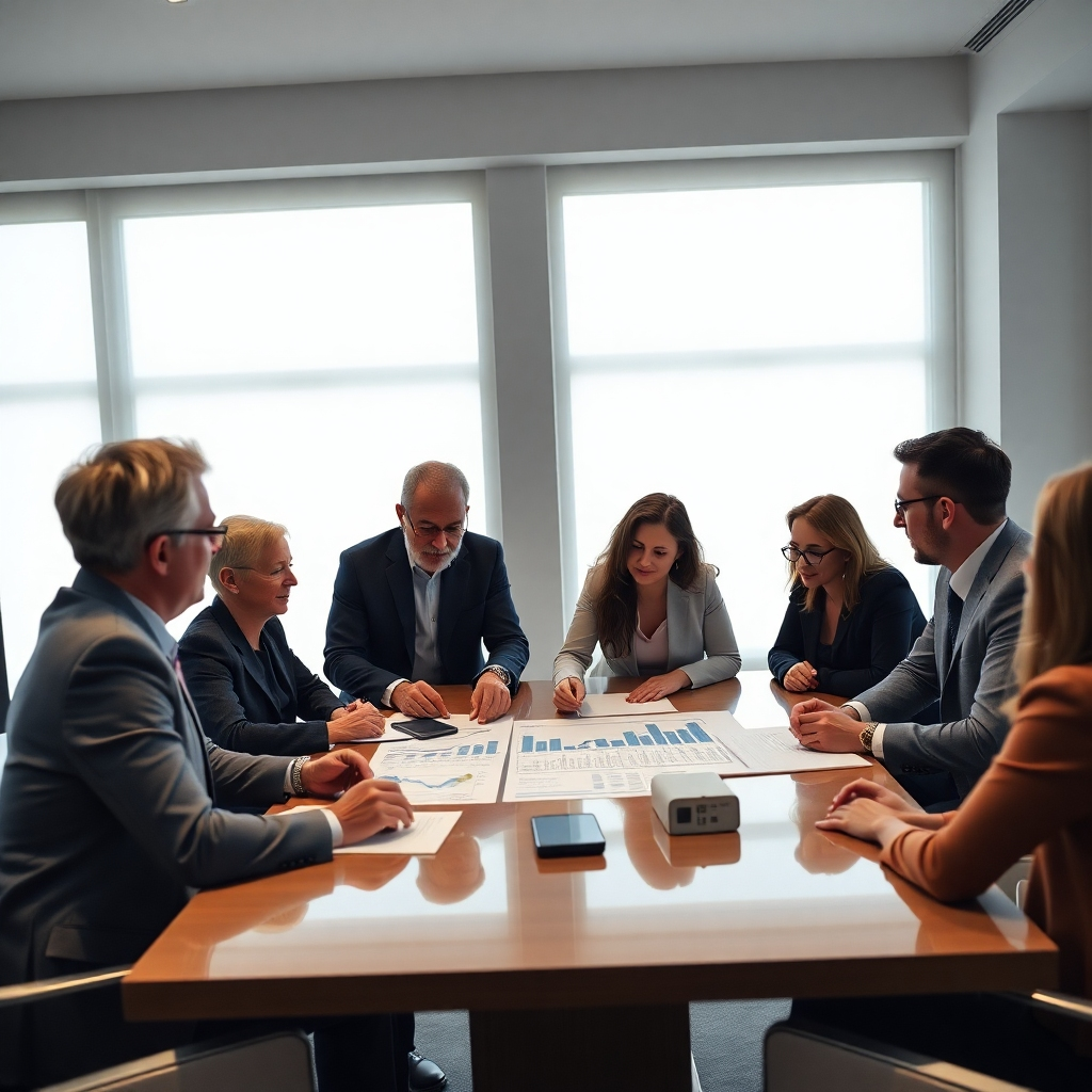 A photorealistic image of a sophisticated business meeting in a modern, minimalist office. A group of people, including a financial advisor and a real estate consultant, are reviewing investment charts and real estate property details on a large table. The mood should reflect strategic thinking and careful financial planning.