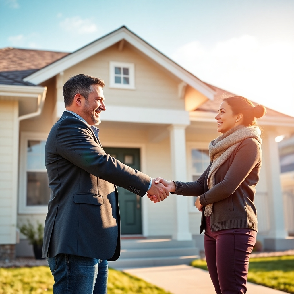 A photorealistic image depicting a friendly real estate agent shaking hands with a happy couple in front of a beautiful, newly purchased house.  The scene should be sunny and convey a sense of accomplishment, trust, and success. High resolution, natural lighting