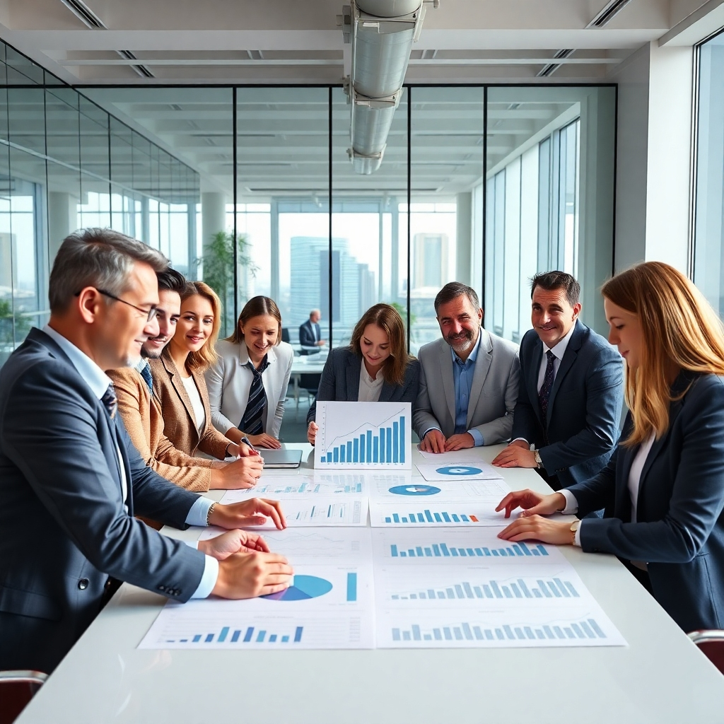 A photorealistic image of a diverse team of business consultants in a modern, bright office, collaborating around a large table with charts and graphs related to real estate investment analysis. The mood should be positive and professional, conveying trust and expertise. High resolution, cinematic lighting